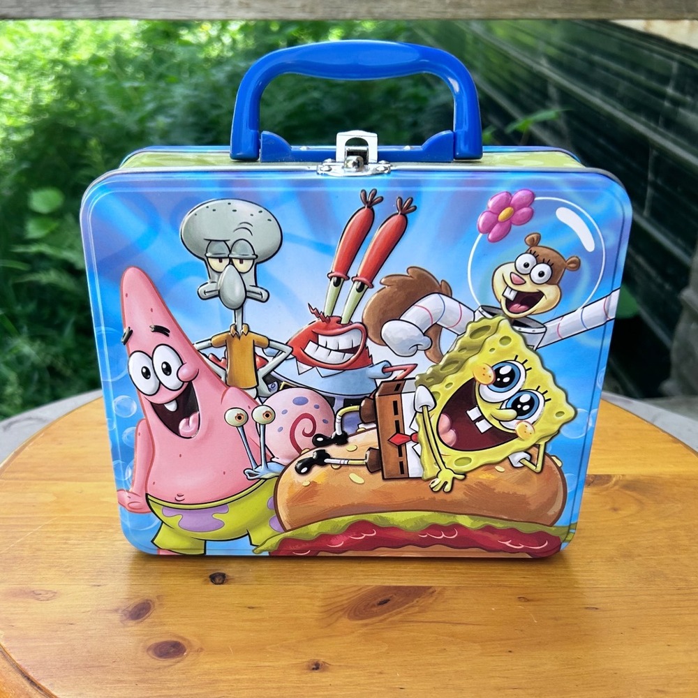 Vintage SpongeBob SquarePants Metal Lunch Box Blue Large Embossed Nickelodeon